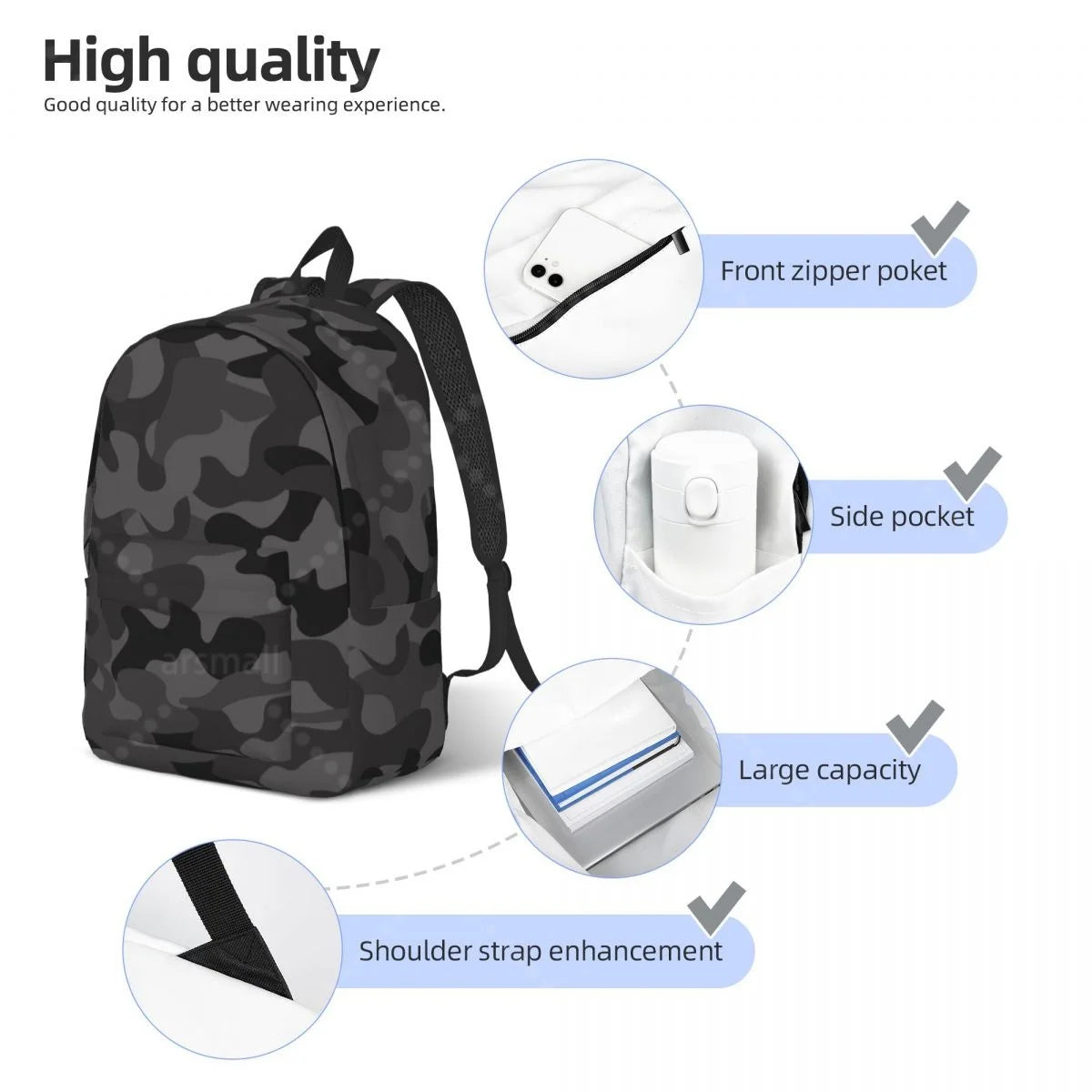 Black Camouflage School Backpack